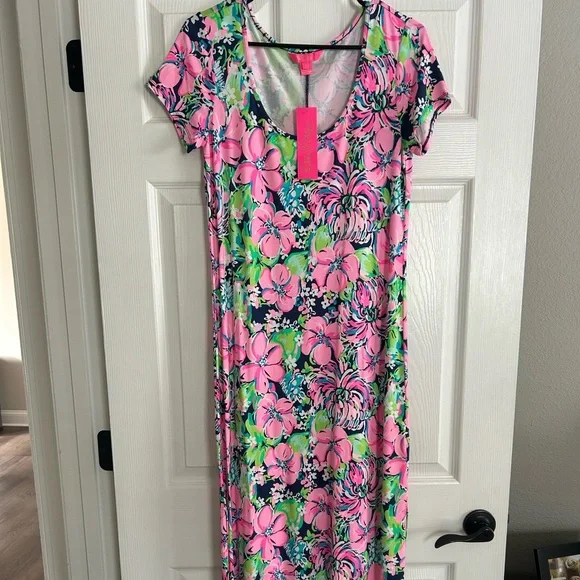 Lilly Pulitzer WYNNE MAXI DRESS High Tide Navy Tall Order Pink Blue NWT - Picture 1 of 3